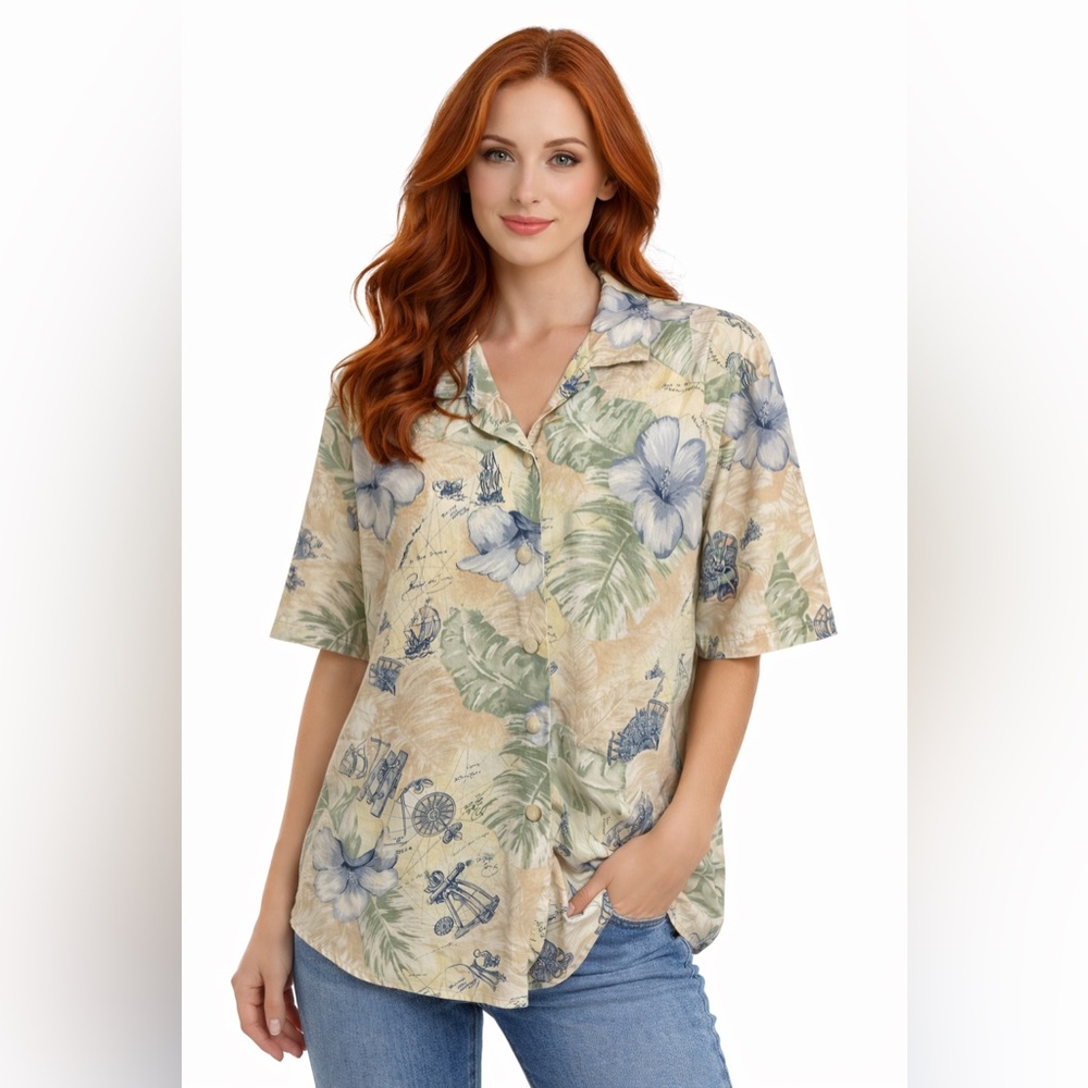 Vintage Nautical Hawaiian Shirt Tropical Floral Map Print Button Front Top